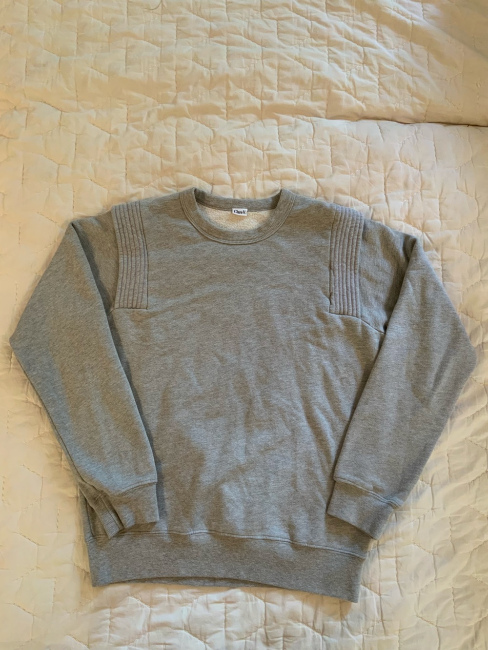 Clare V Light Gray Quilted Channel Shoulder Crewneck Sweatshirt